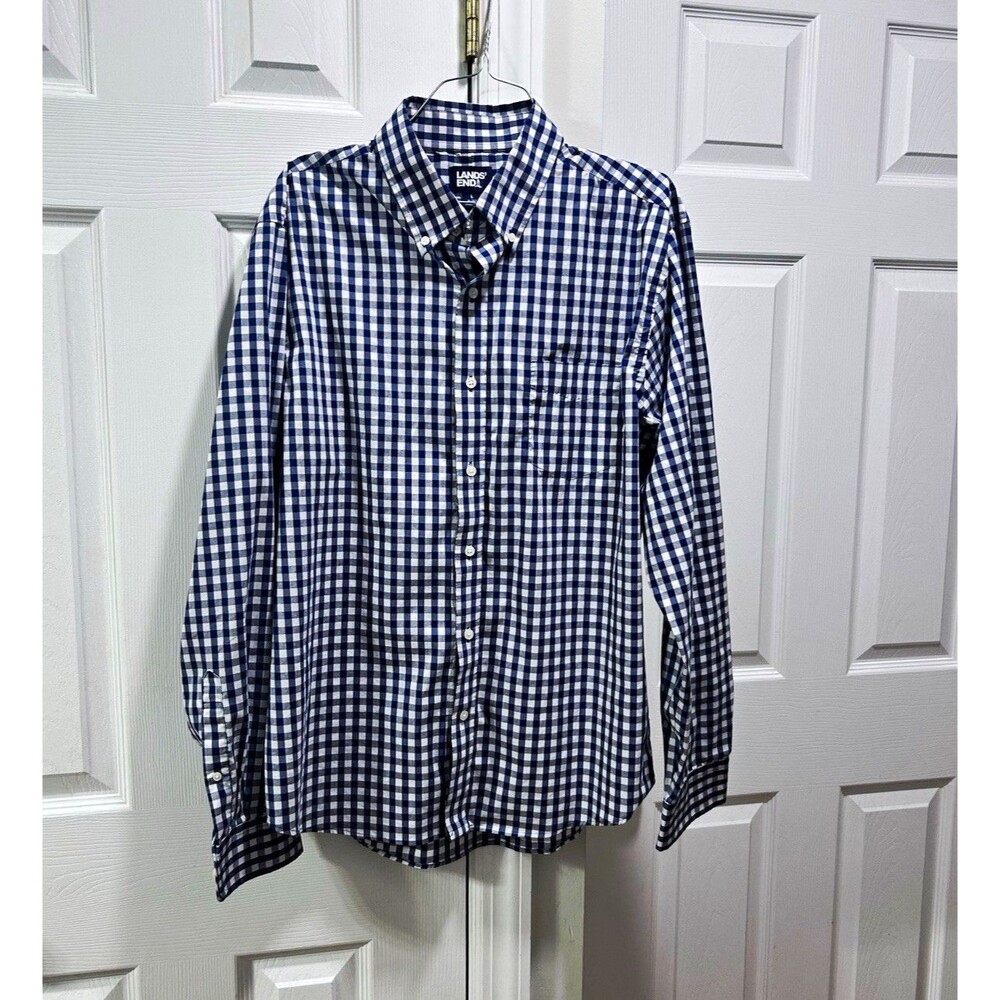 Lands' End Men’s Dress Shirt Blue/White Gingham Button-Down 16-16 1/2 32/33